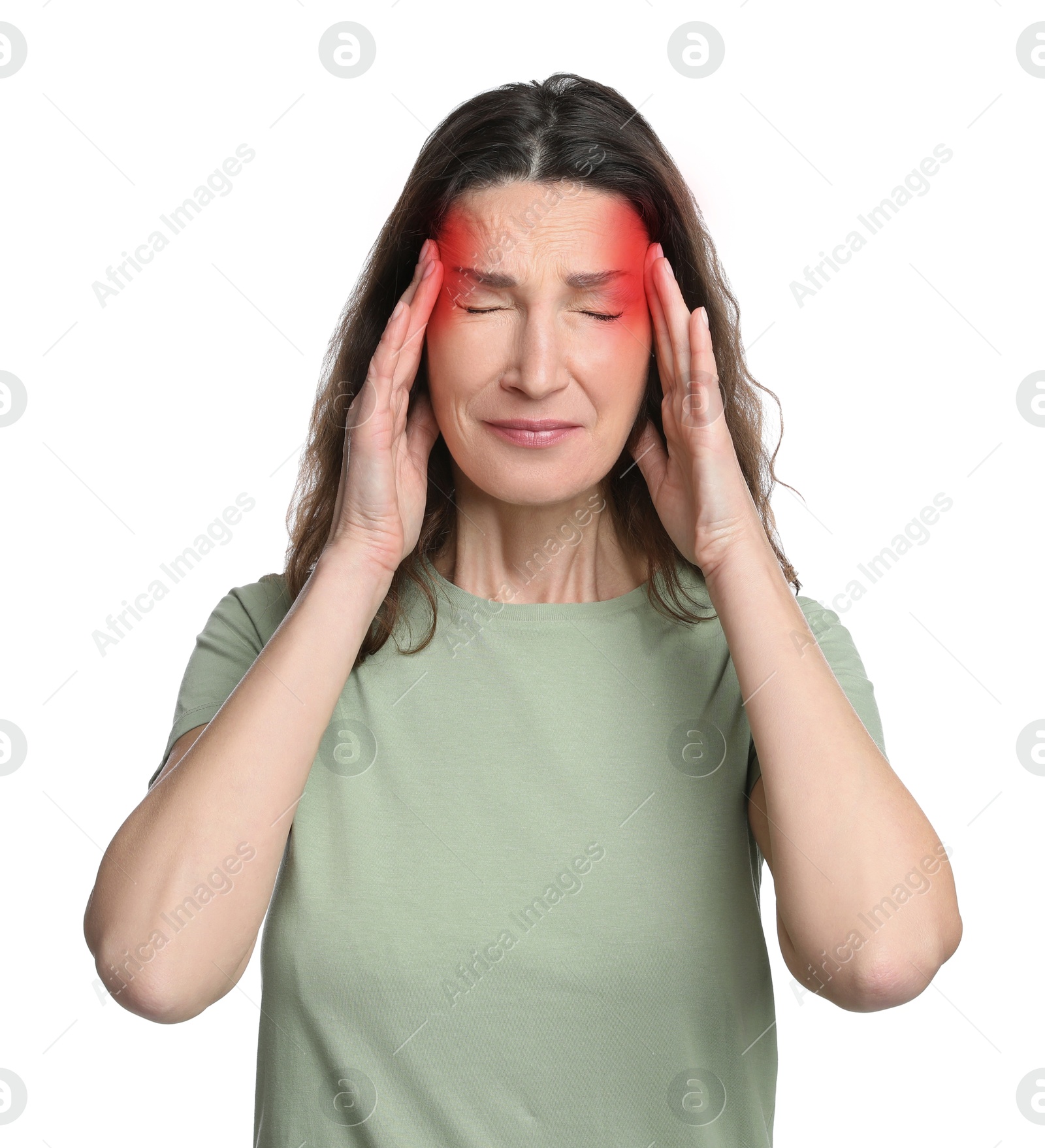 Image of Woman suffering from headache on white background