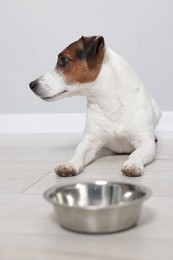 Photo of Cute Jack Russell Terrier dog with bowl on floor near grey wall, selective focus