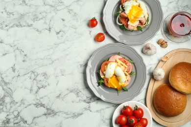 Photo of Flat lay composition with tasty brunch on white marble table. Space for text