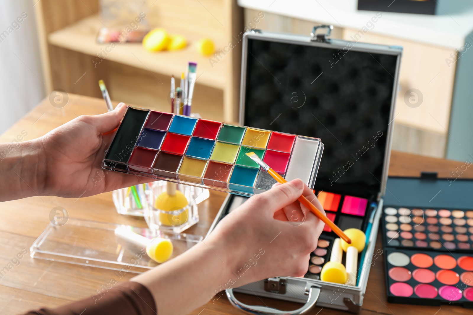 Professional artist with face paints and brush indoors, closeup Photo of Professional artist with face paints and brush indoors, closeup