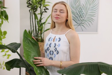 Feng shui. Young woman surrounded by houseplants at home