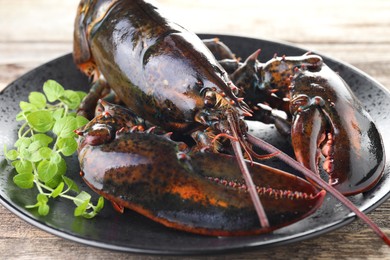 Photo of Raw lobster and microgreens on wooden table, closeup