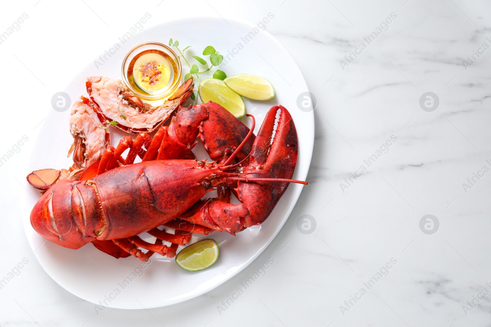 Photo of Delicious boiled lobster served on marble table, top view. Space for text