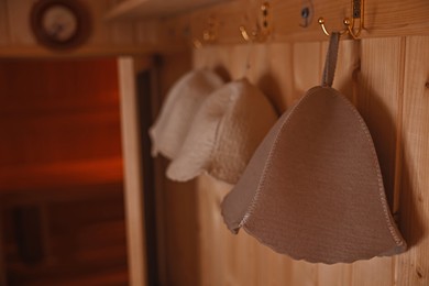 Photo of Felt wool hats on hangers in sauna. Space for text