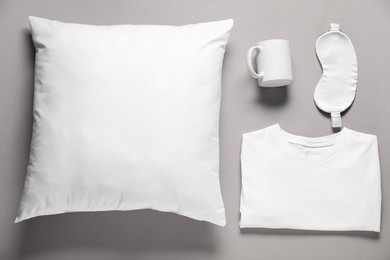 Photo of Different blank items for branding on grey background, flat lay. Mockup for design