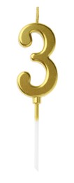 Photo of Golden birthday candle in shape of number 3 isolated on white