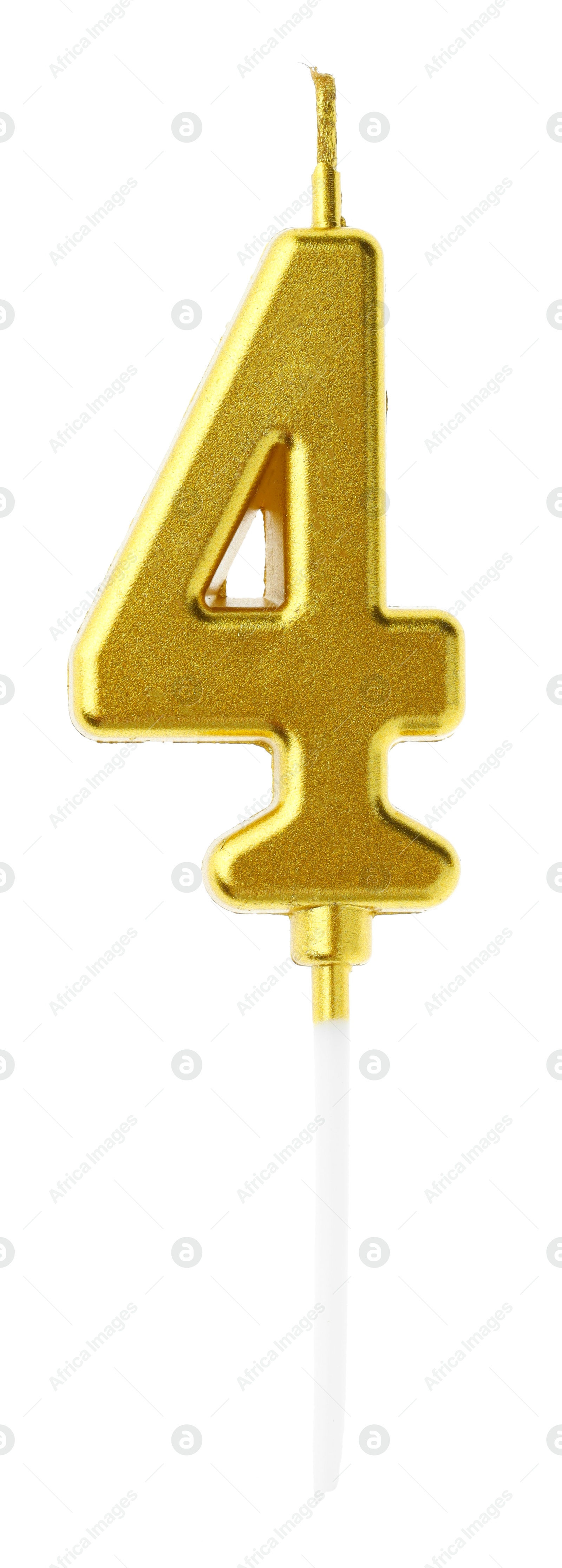 Photo of Golden birthday candle in shape of number 4 isolated on white