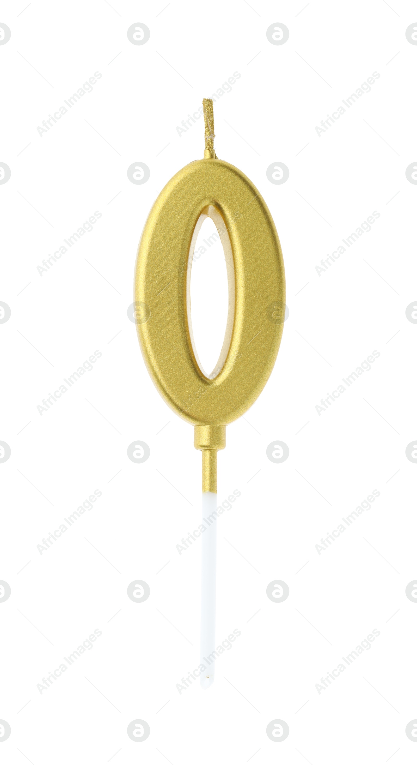 Photo of Golden birthday candle in shape of number 0 isolated on white