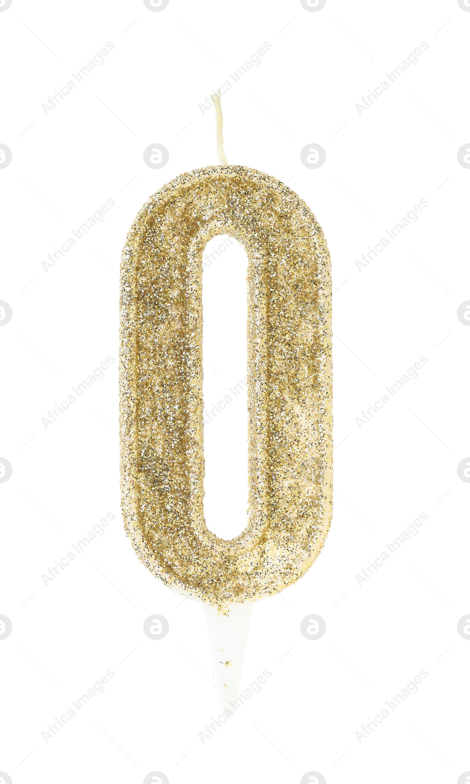 Photo of Golden birthday candle in shape of number 0 isolated on white