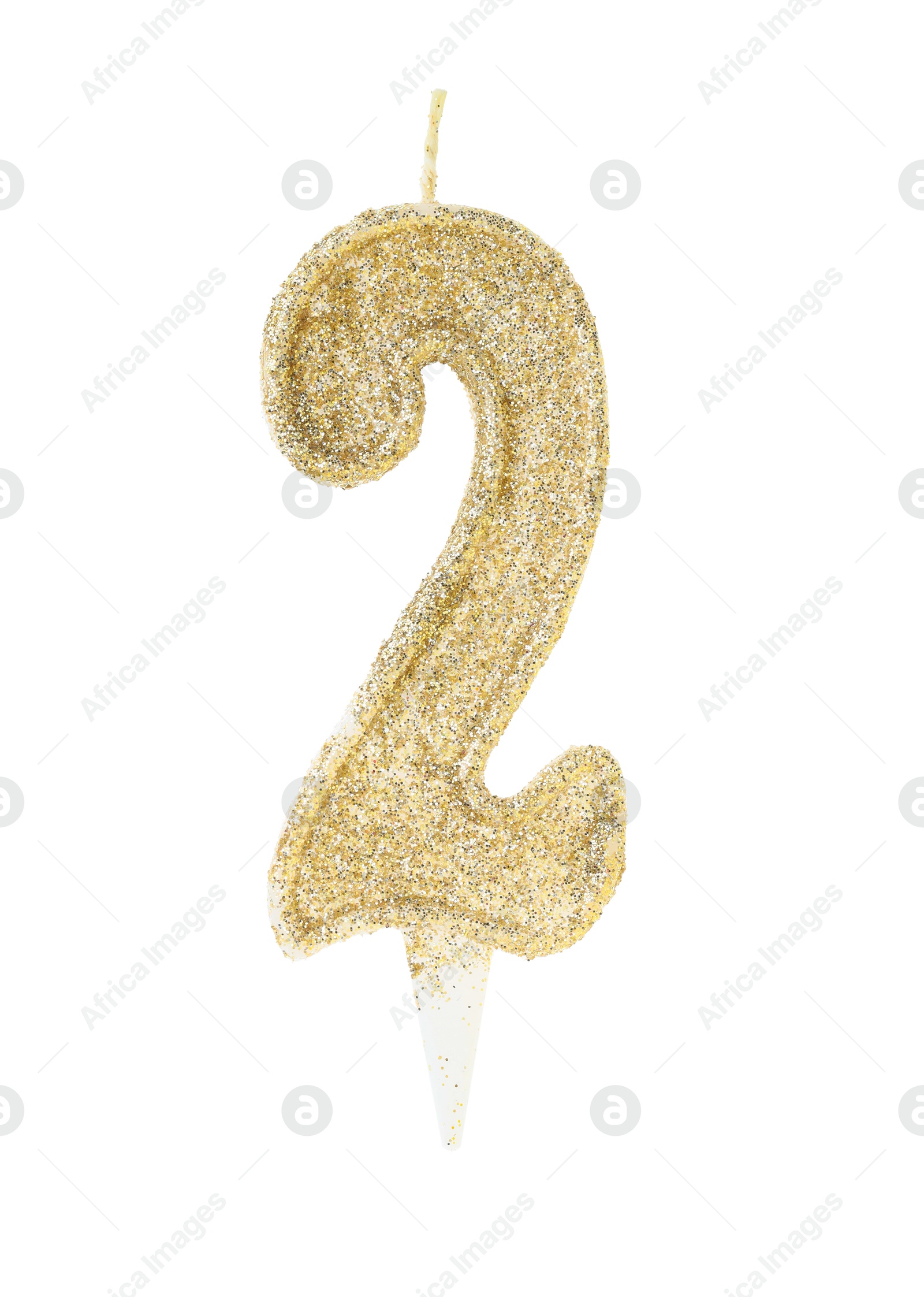 Photo of Golden birthday candle in shape of number 2 isolated on white