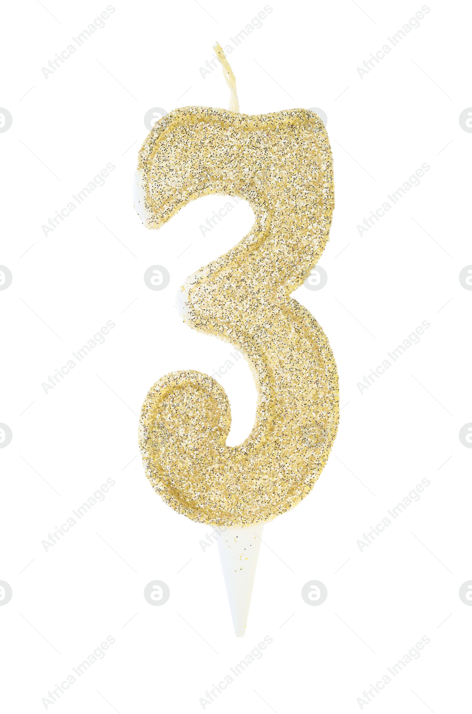 Photo of Golden birthday candle in shape of number 3 isolated on white