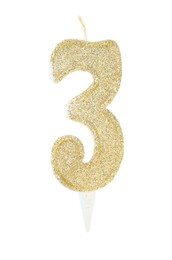 Photo of Golden birthday candle in shape of number 3 isolated on white