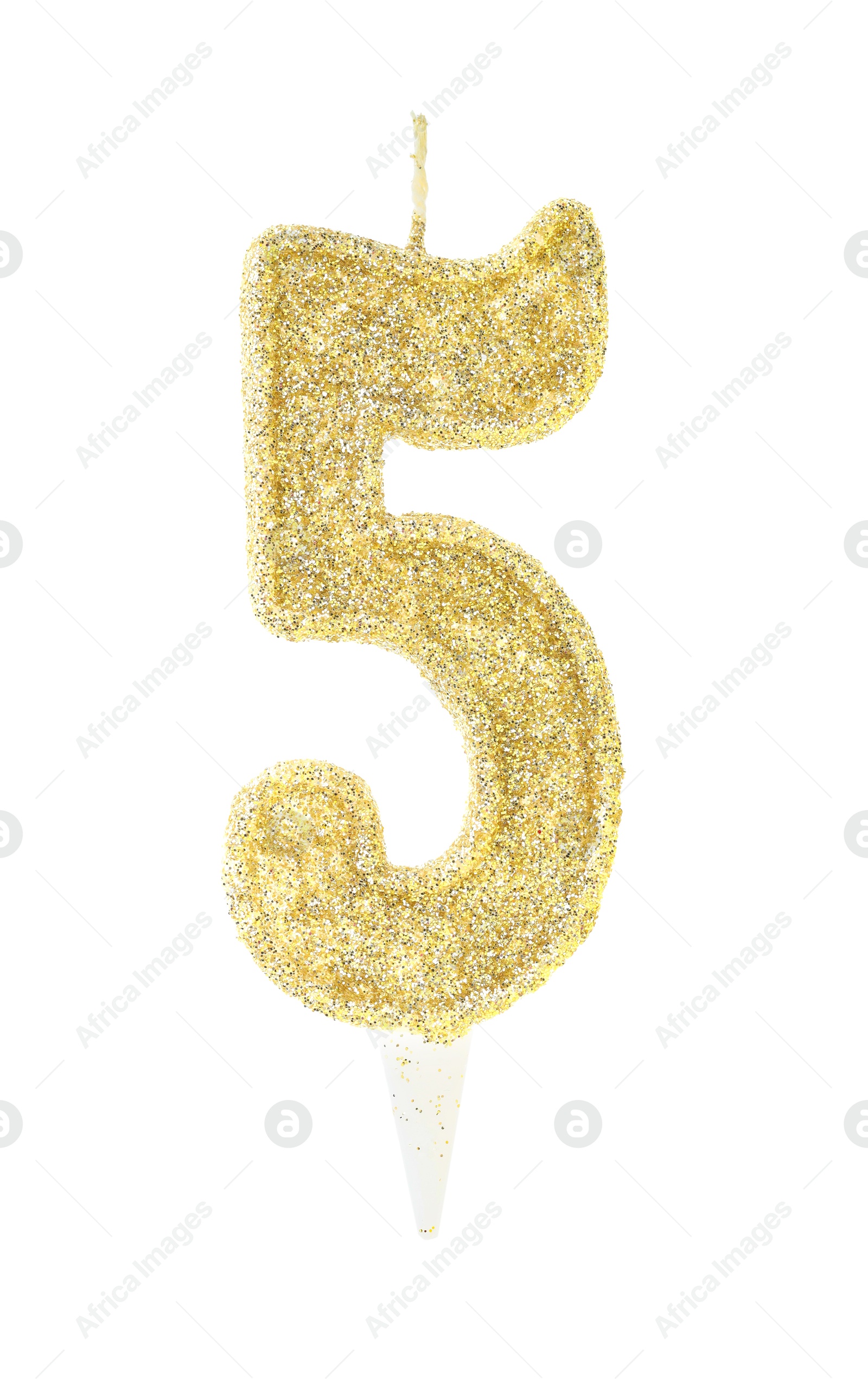 Photo of Golden birthday candle in shape of number 5 isolated on white