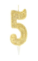 Photo of Golden birthday candle in shape of number 5 isolated on white