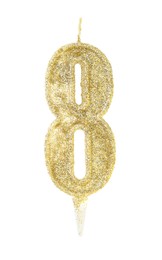 Photo of Golden birthday candle in shape of number 8 isolated on white