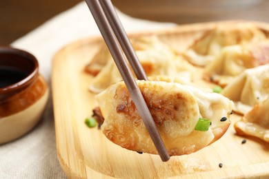 Photo of Eating fried gyoza dumplings at table, closeup