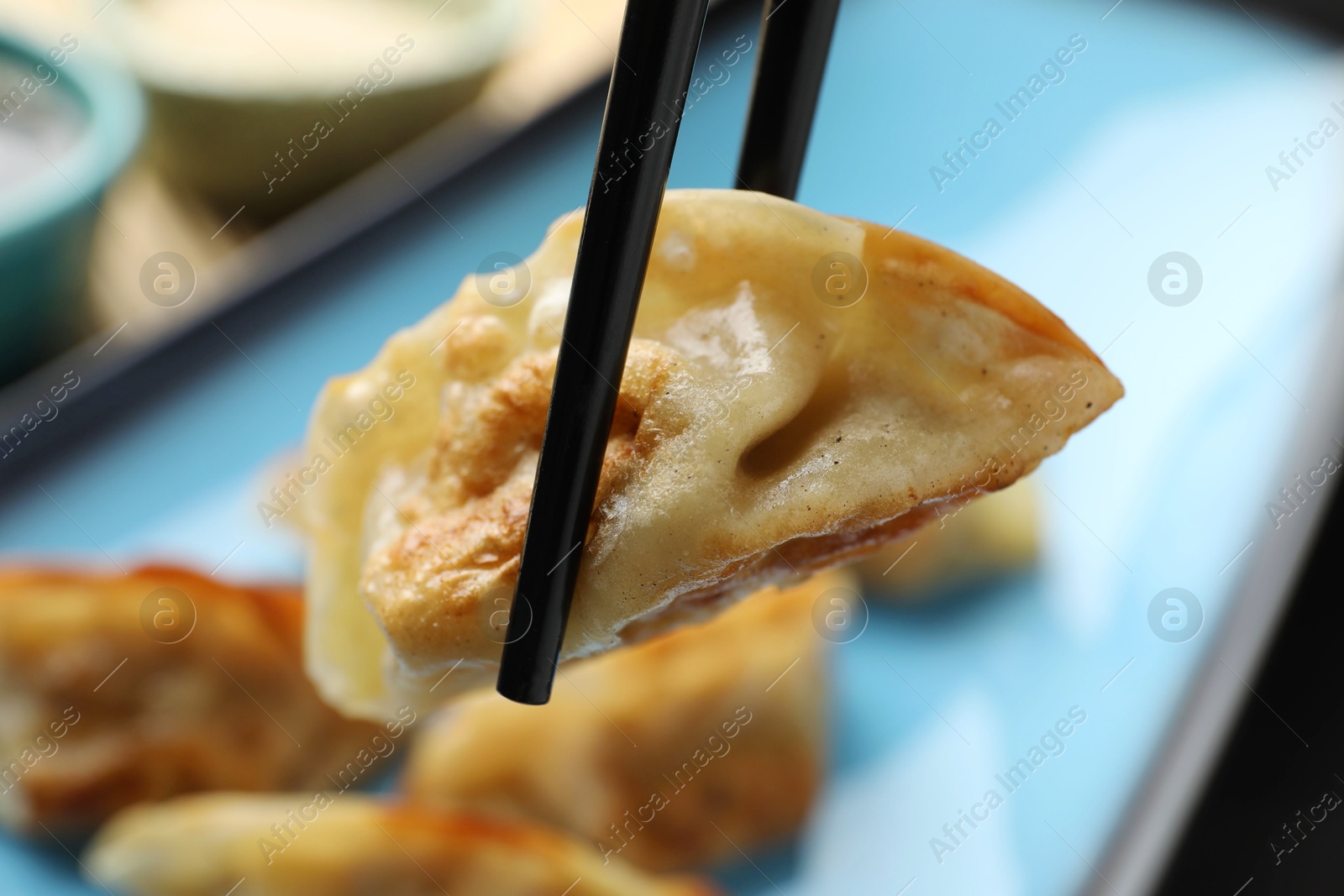 Photo of Eating fried gyoza dumplings at table, closeup