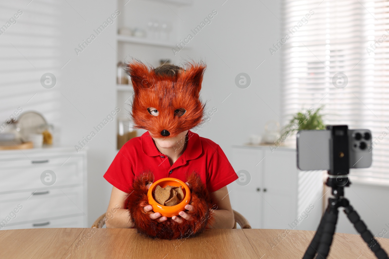 Photo of Quadrobics. Boy wearing fox mask and gloves with feeding bowl filming video at table indoors