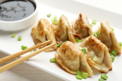 Photo of Fried gyoza dumplings with green onions and soy on white table, closeup