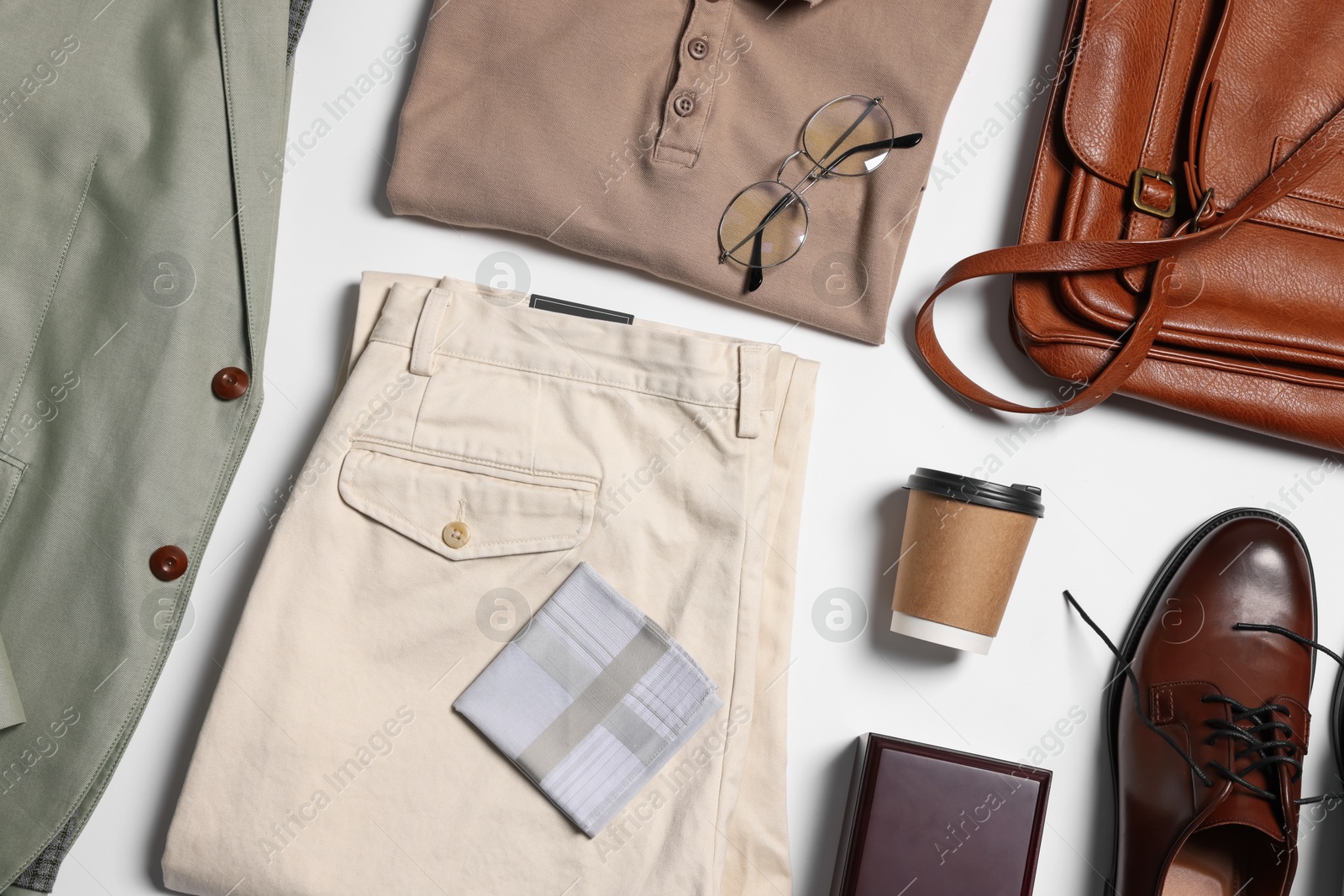 Photo of Elegant men's outfit. Stylish clothes, accessories and shoes on white background, flat lay