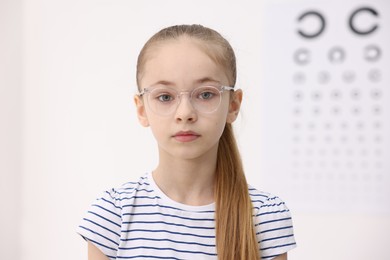 Photo of Little girl wearing glasses near vision test chart at ophthalmologist office