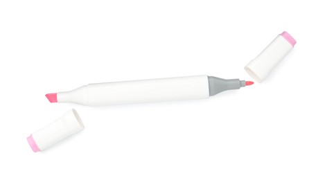 Photo of One double-sided marker pen on white background, top view