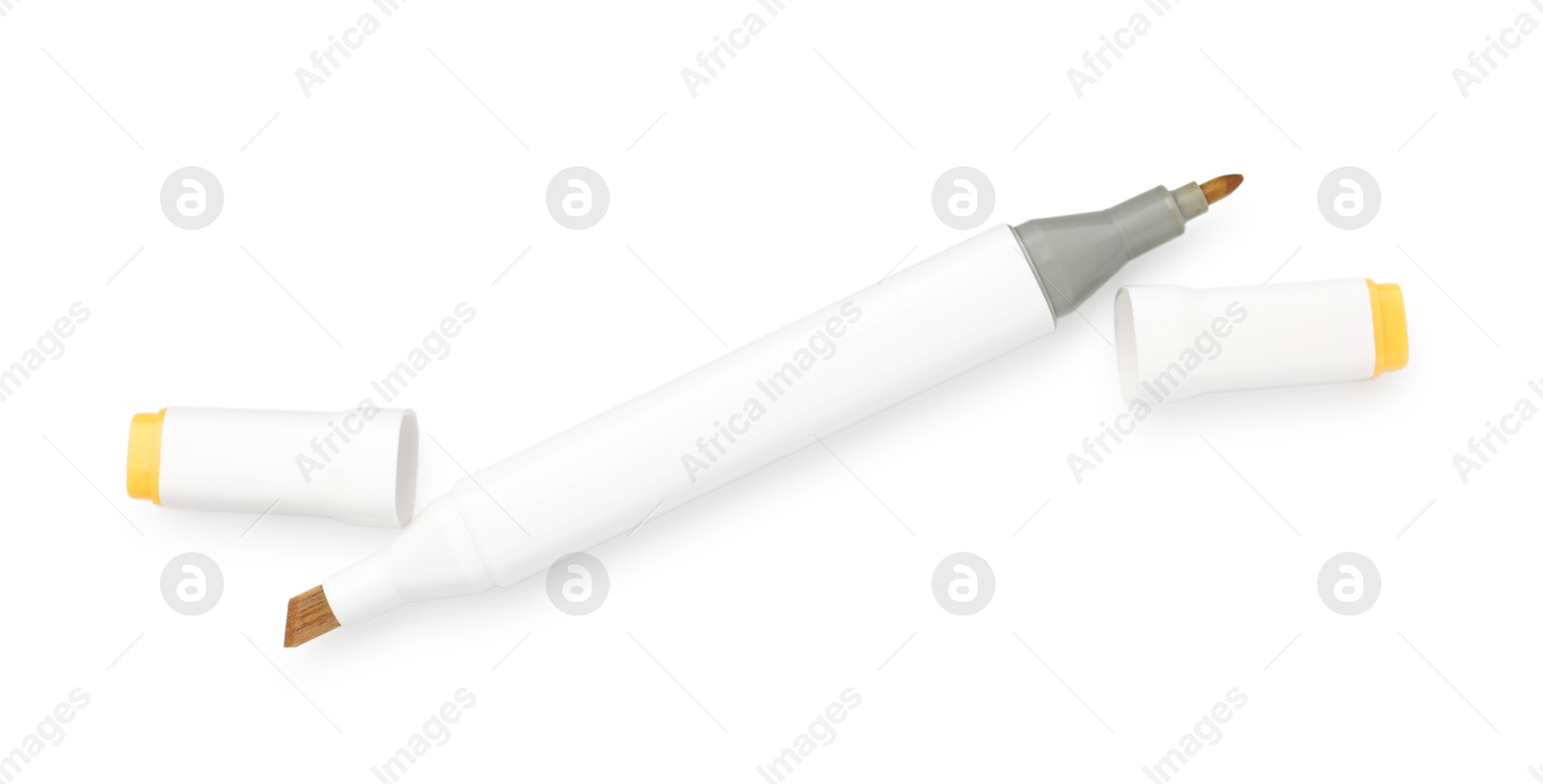 Photo of One double-sided marker pen on white background, top view