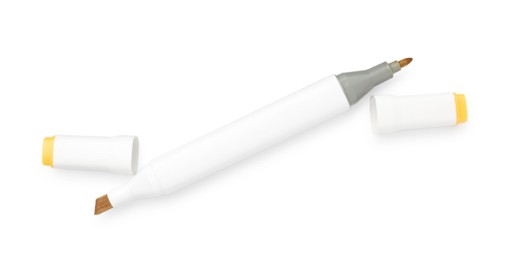 Photo of One double-sided marker pen on white background, top view