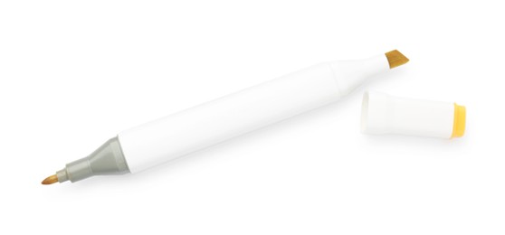 Photo of One double-sided marker pen on white background, top view