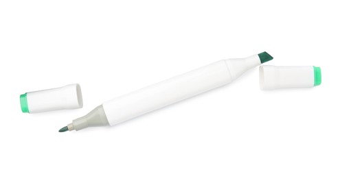 Photo of One double-sided marker pen on white background, top view