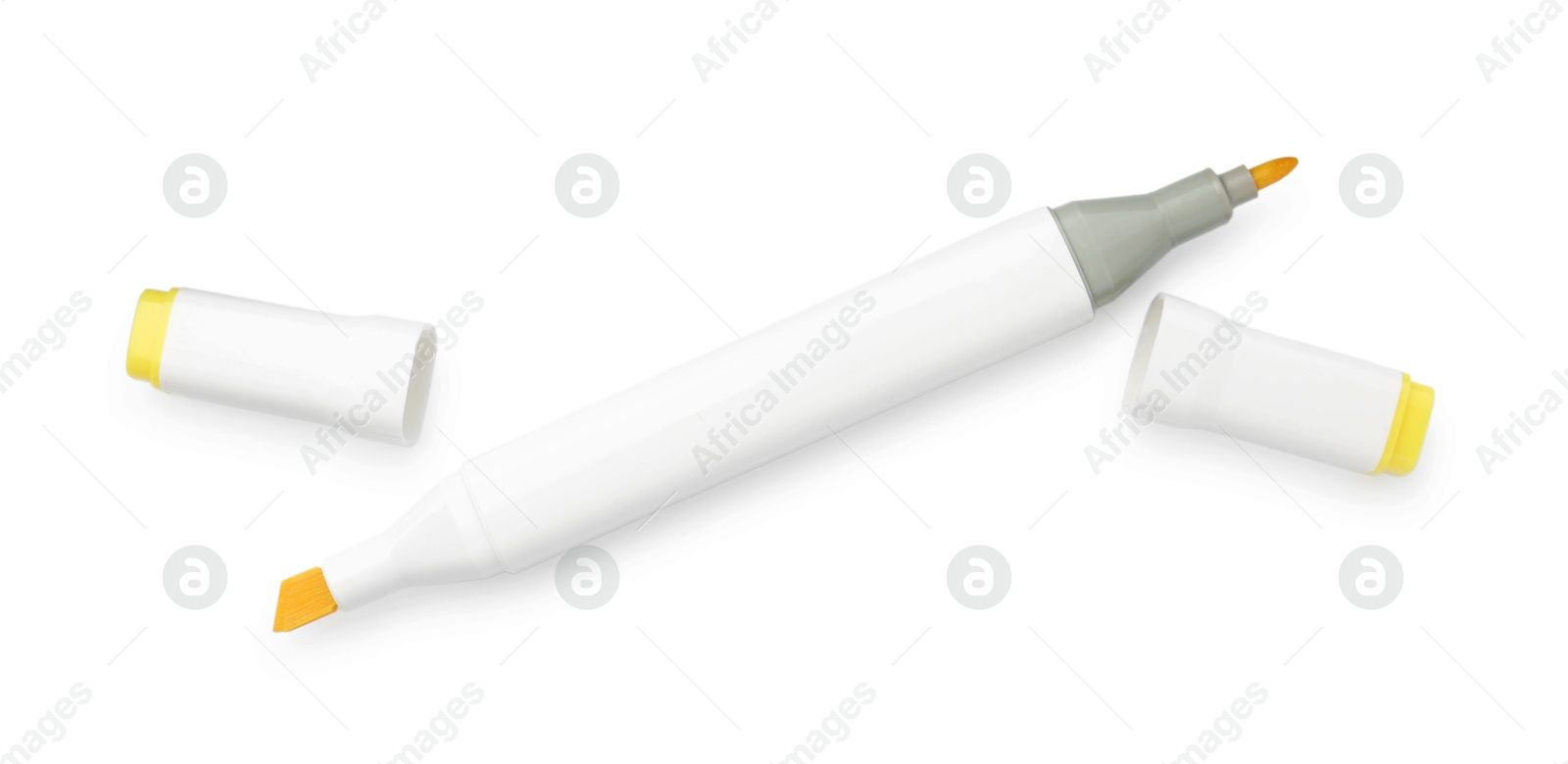 Photo of One double-sided marker pen on white background, top view