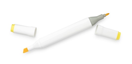 Photo of One double-sided marker pen on white background, top view