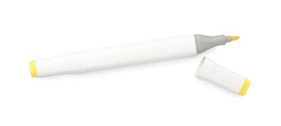 Photo of One double-sided marker pen on white background, top view