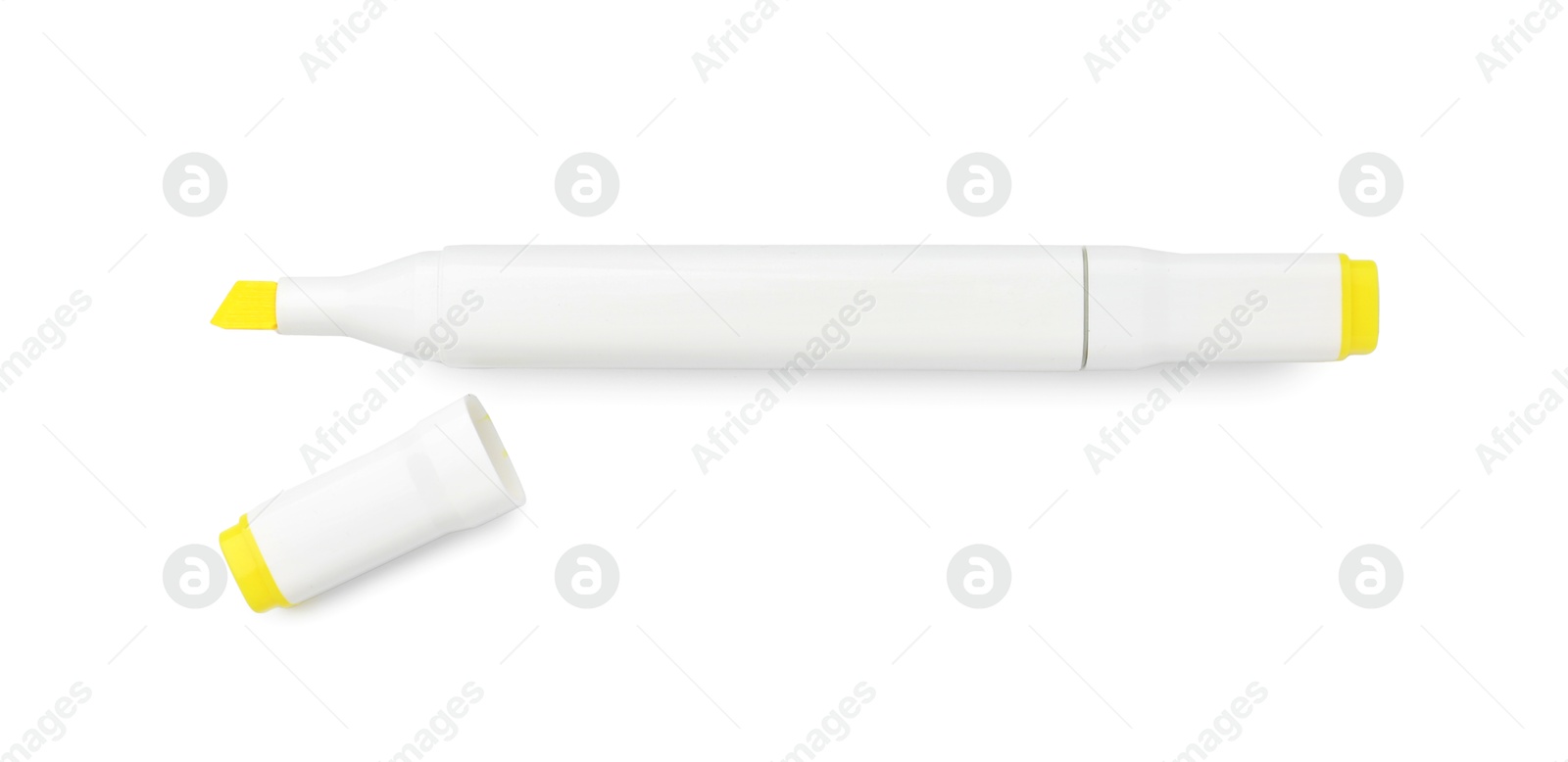 Photo of One double-sided marker pen on white background, top view