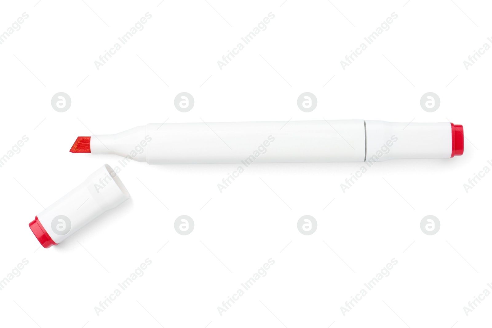 Photo of One double-sided marker pen on white background, top view