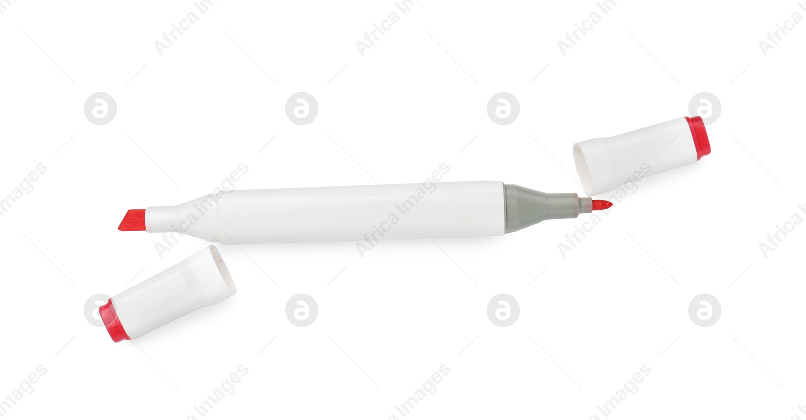 Photo of One double-sided marker pen on white background, top view