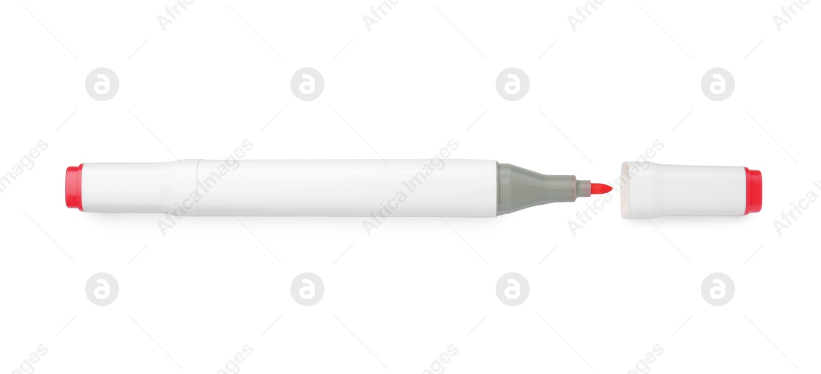 Photo of One double-sided marker pen on white background, top view