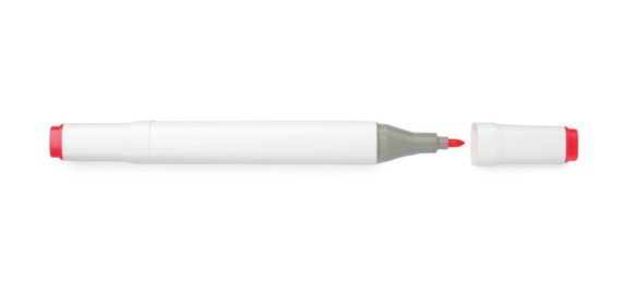 Photo of One double-sided marker pen on white background, top view