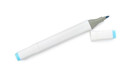 Photo of One double-sided marker pen on white background, top view