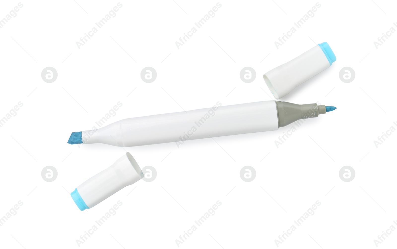 Photo of One double-sided marker pen on white background, top view