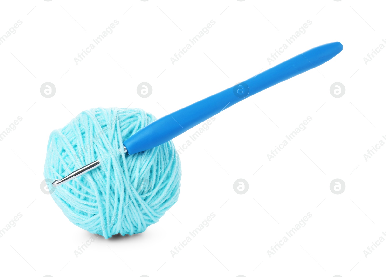 Photo of Ball of light blue yarn and crochet hook isolated on white