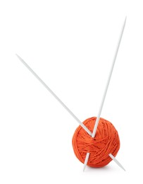 Photo of Ball of orange yarn and knitting needles isolated on white