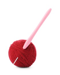 Photo of Ball of yarn and crochet hook isolated on white