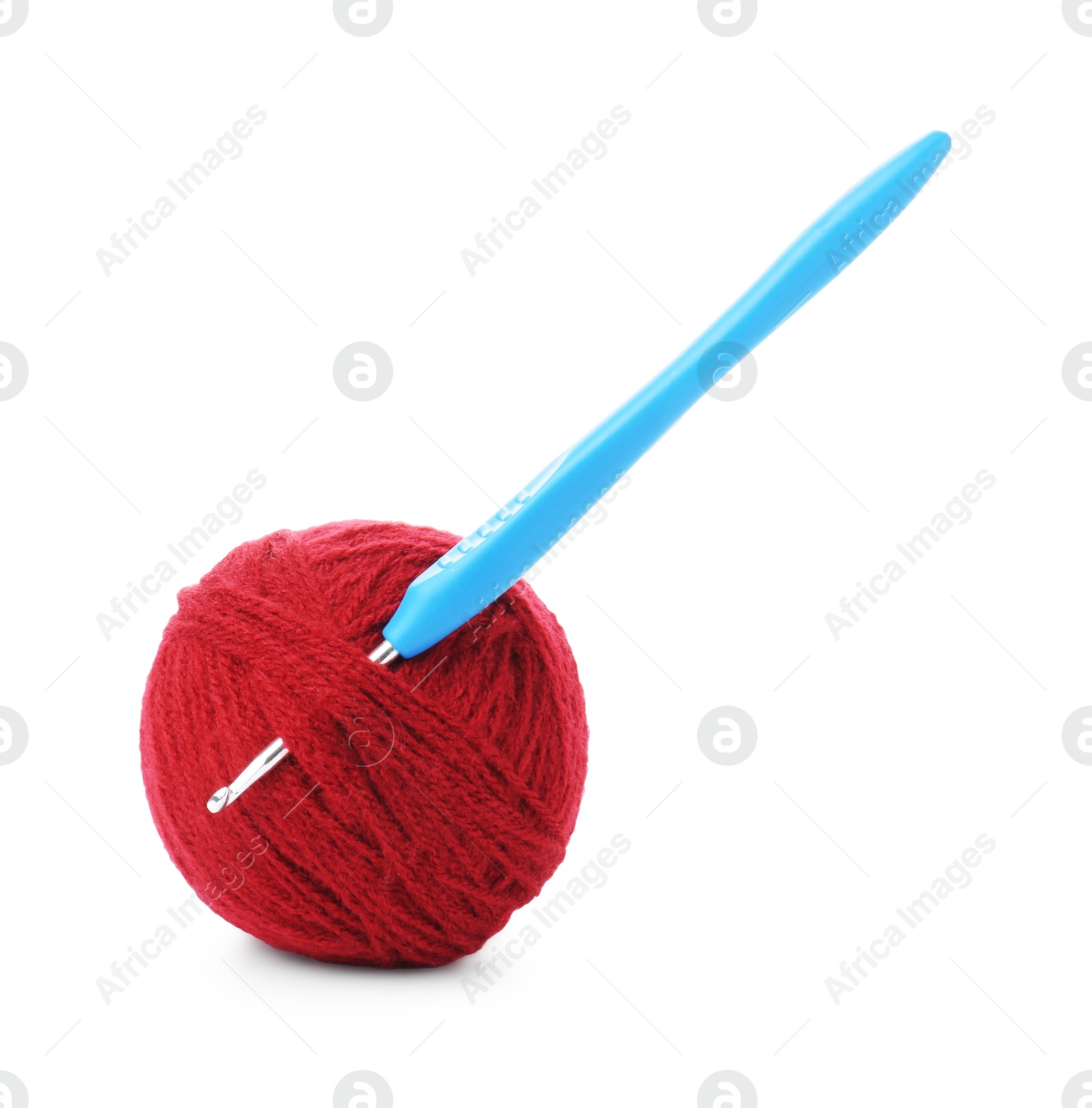 Photo of Ball of yarn and crochet hook isolated on white