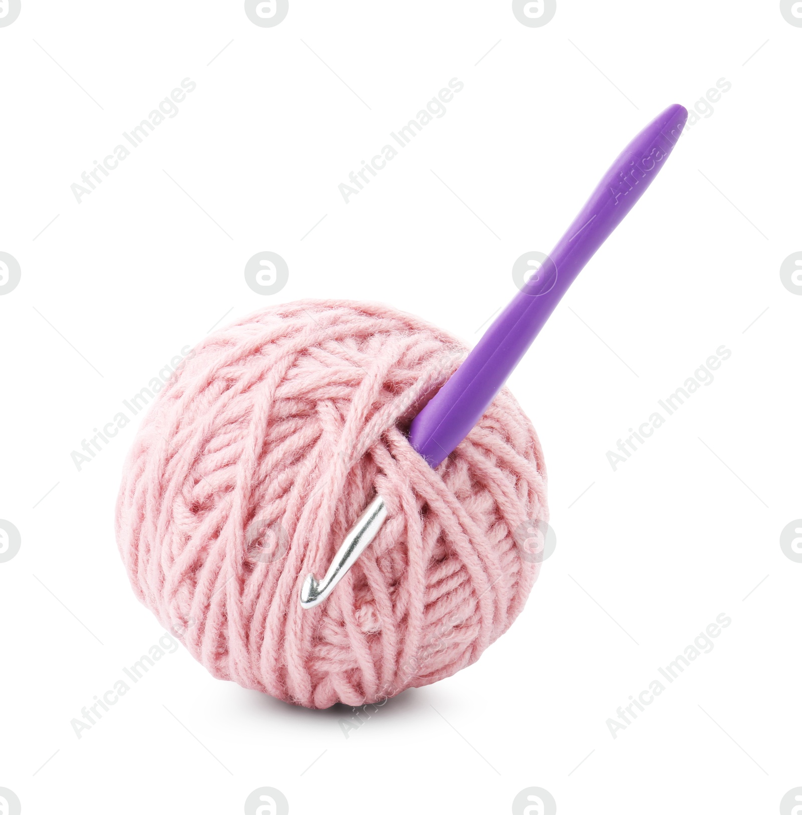 Photo of Ball of yarn and crochet hook isolated on white