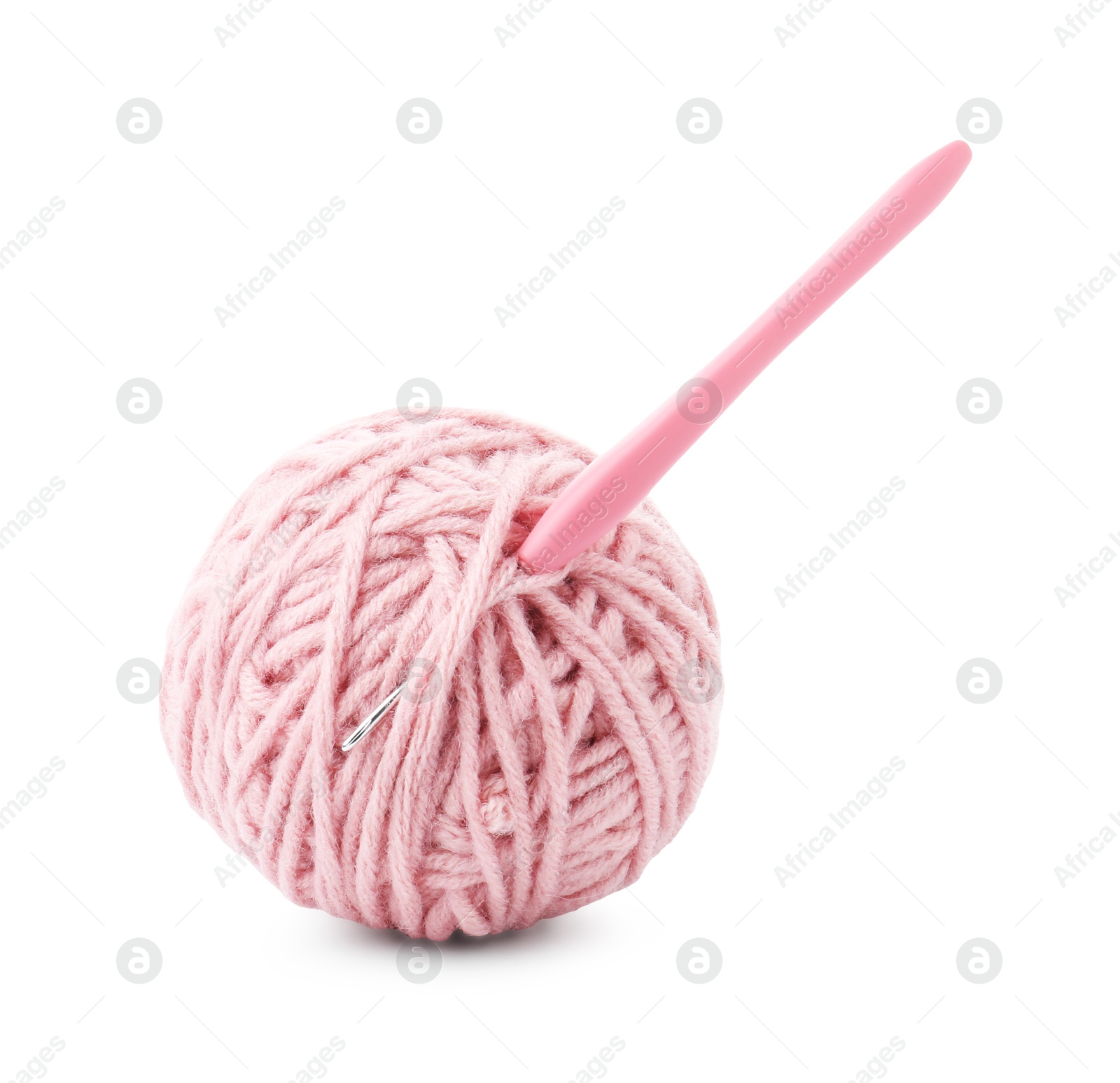 Photo of Ball of yarn and crochet hook isolated on white