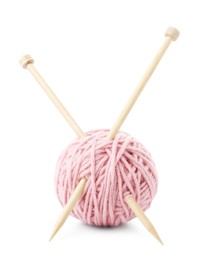 Ball of yarn and knitting needles isolated on white