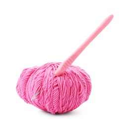 Photo of Ball of pink yarn and hook isolated on white