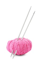 Ball of pink yarn and knitting needles isolated on white