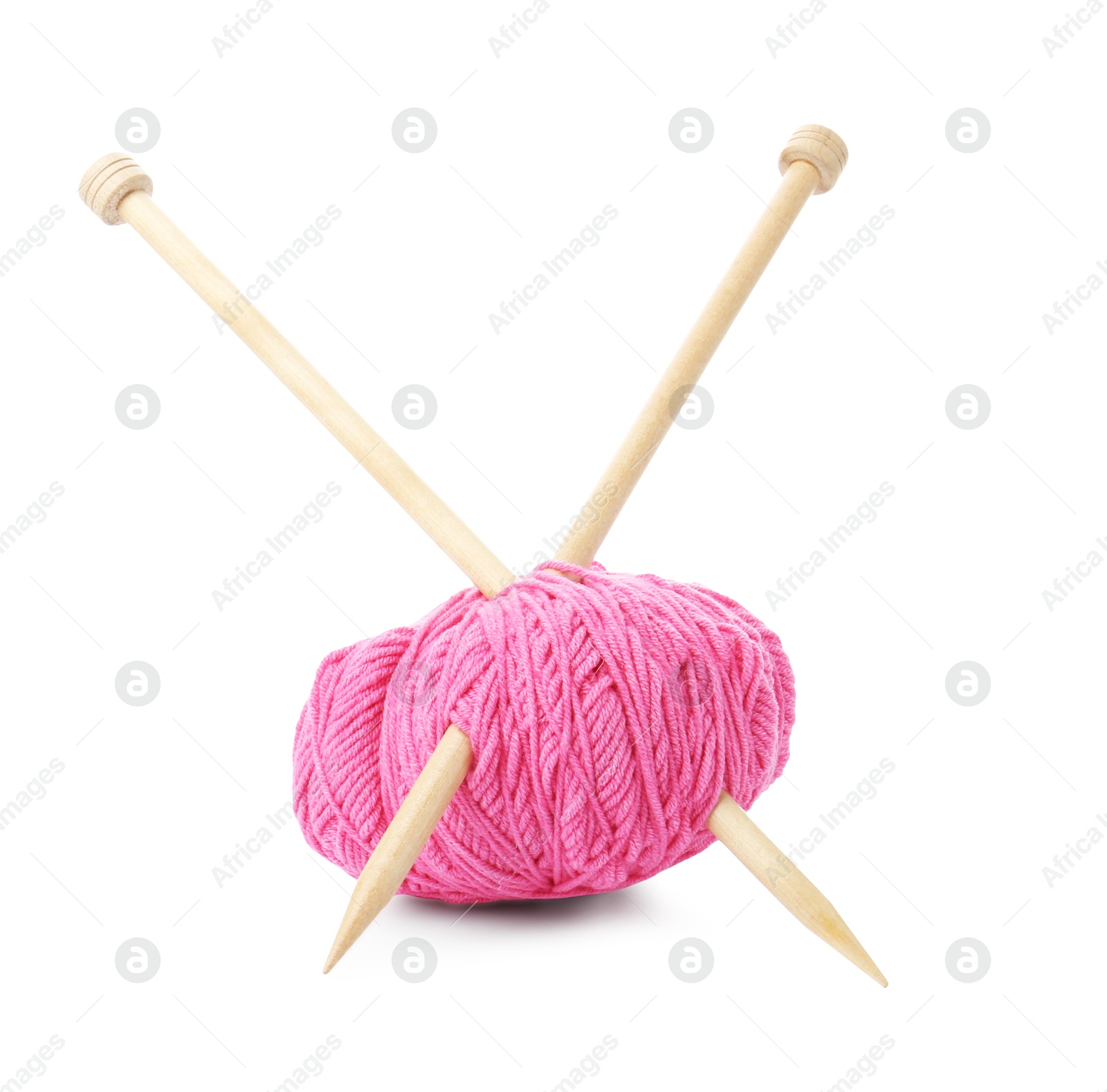 Photo of Ball of pink yarn and knitting needles isolated on white